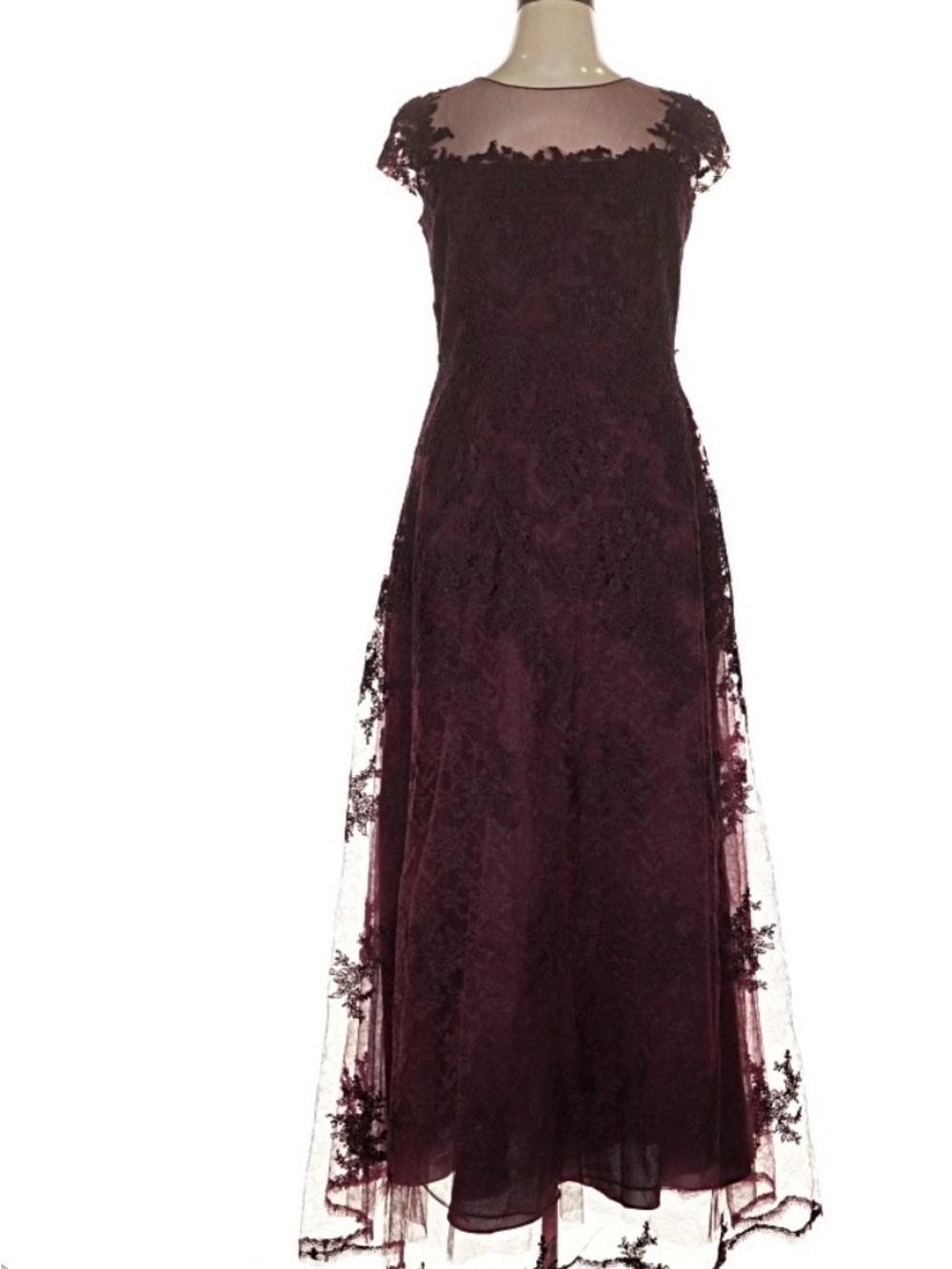 Teri Jon Rickie Freeman Floor-Length Lace Maxi Dress in Burgundy